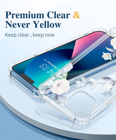 GVIEWIN Designed for iPhone 13 Case 6.1 Inch, with Tempered Glass Screen Protector + Camera Lens Protector Clear Flower Soft & Flexible Shockproof...
