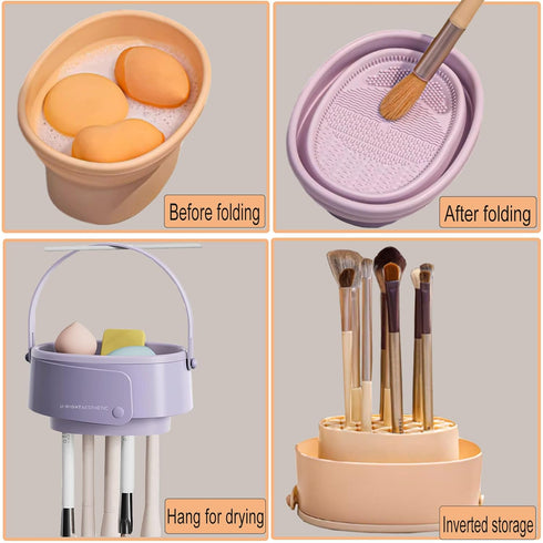 Makeup Brush Cleaner Mat,3 in 1 Upgraded Foldable Silicone Makeup Brush Cleaner Cosmetic Brush Cleaner Makeup Brush Scrubber Bowl for Cleaning, Or...