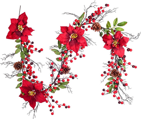 DearHouse 5.3 Ft Berry Christmas Garland, Artificial Poinsettia Garland with Red Berries and Holly Leaves, Pine Cone Garland for Winter Holiday Ne...