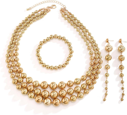 YBMYCM Gold Beaded Jewelry Set Chunky Multi Strands Choker Necklace Bracelet Earrings Set for Women...
