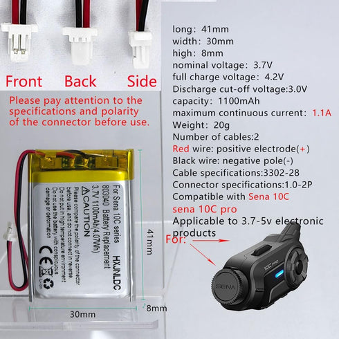803040 3.7v 1100mAh Lithium ion Battery Replacement for Sena 10C and Sena 10C pro Motorcycle Bluetooth Camera Bluetooth Headset and DIY 3.7-5V Ele...