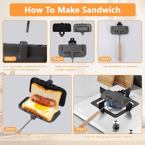 4w1h Sandwich Maker, Double-Sided Sandwich Baking Pan with Removable Handle, Non Stick Breakfast Sandwich Maker Grill Pan for Breakfast Pancakes, ...