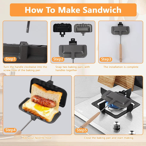 Breakfast Sandwich Maker, Double-Side Hot Dog Toaster, Nonstick Sandwich Baking Pan Hot Dog Bun Pan, Hot Campfire Sandwich Maker With Removable Ha...