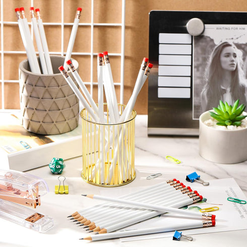 24 Pieces Round Pencils HB Graphite Pencils Wood Pencils with Eraser Cute Pencil Pack for School Drawing Sketching Wedding Office Supplies(White)...
