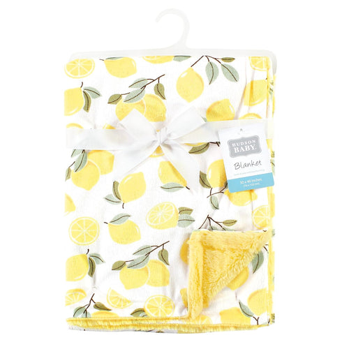Hudson Baby Unisex Baby Plush Blanket with Furry Binding and Back, Lemon, One Size...