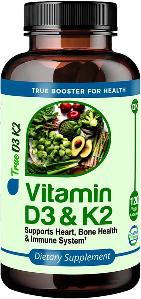 True Booster for Health Vitamin D3 & K2 Capsules - 125mcg D3 (5000 IU) & 90mcg K2 - Heart, Bone, and Immune Support - 120 Vegetarian Capsules - Ea...