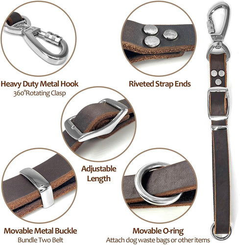 Leather Short Dog Leash,Adjustable Length Dog Leads,Extra Thick Genuine and Heavy-Duty Hardware Handmade Assembled with Extension Function Strong ...