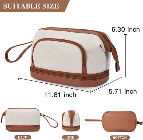 Telena Makeup Bag Large Capacity Travel Cosmetic Bags Double Layer Portable Leather Make Up Bag for Women Beige with Brown...