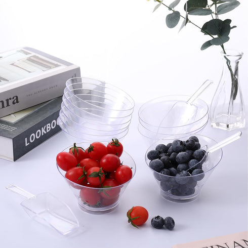 12 Pcs Plastic Clear Serving Bowls with Kitchen Plastic Scoops Salad Serving Bowls Popcorn Scoops Angled Candy Bowl for Salad Cooking Parties, 210...