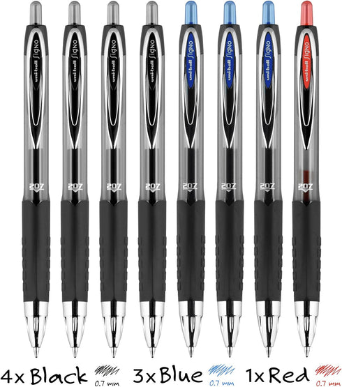 Signo 207 Retractable Gel Pens by Uni, Medium 0.7mm, Includes 4 Black, 3 Blue, 1 Red...