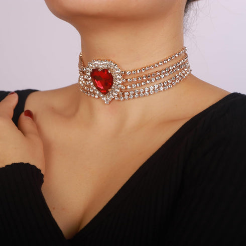 Chargances Boho Rhinestone Heart Choker Crystal Layered Sparkly Tassle Chain Necklace Trendy Love Collar for Women Bridal Wedding Valentine's Day...