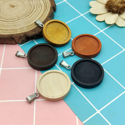 25Pcs Round Wooden Pendant Trays Bezel,5 Colors Blanks Round Wood Cabochon Pendant Trays Bezel Pendant Trays Bezel Pendant Blanks for Crafting DIY...