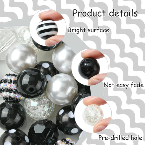 Stiesy 50 Pcs Black White Round Beads 20mm Chunky Bubblegum Beads for DIY Jewelry Making Boutique Craft Supplies...