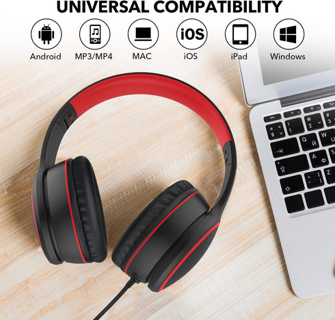 RORSOU R10 On-Ear Headphones with Microphone, Lightweight Folding Stereo Bass Headphones with 1.5M No-Tangle Cord, Portable Wired Headphones for S...
