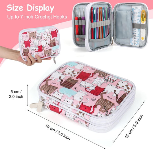 Katech Crochet Hooks Case Empty Zipper Bags Portable Travel Crochet Storage Bag Organizer with Web Pocket and Crochet Holder Slots for Carrying Va...