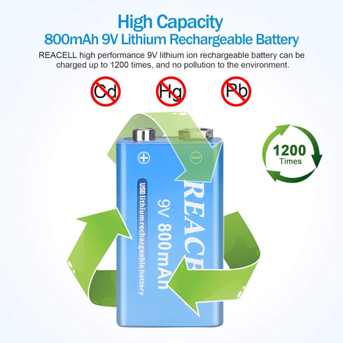 2 Packs Rechargeable 9V Lithium Batteries, 9 Volt Batteries for Smoke Detector, 800mAh 9V USB Charging for Microphones, Walkie-Talkie and Toys...
