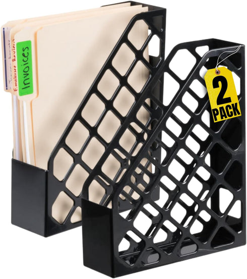1InTheOffice Plastic Magazine File Holder, File Holder Organizer Box, 3 x 10 x 11.88, Recycled, Black, (2 Pack)...