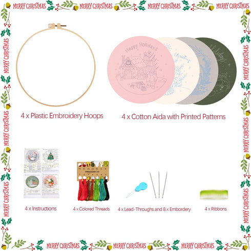 4 Sets Christmas Embroidery Starter Kit with Pattern for Beginners, Embroidery Kits with Christmas Pattern, Cross Stitch Set with 4 Plastic Embroi...