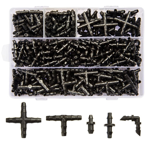 320 Pcs Drip Irrigation Fittings Kits for 1/4" Tubing, Drip Irrigation Barbed Connectors, Drip Line Connectors for Drip Systems(4-Way Coupling, Te...