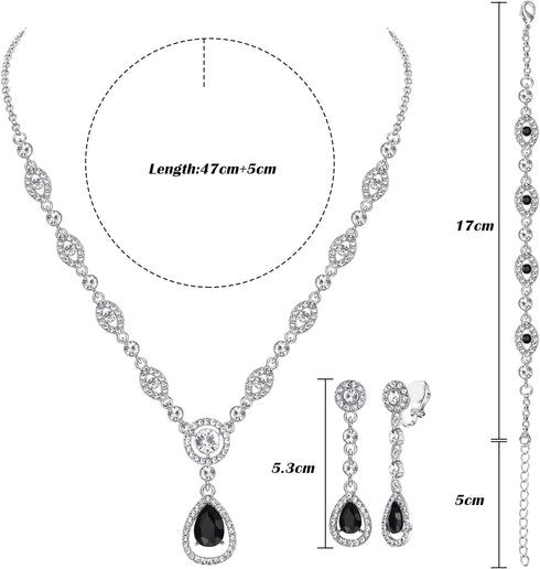 FIBO STEEL Clip on Rhinestone Jewelry Set for Women Party Prom Bridal Bridesmaid Jewelry for Wedding Teardrop Pendant Earrings Necklace Bracelets ...