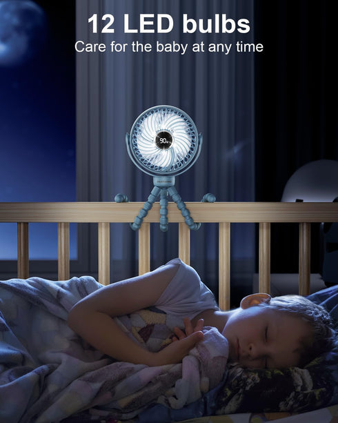 Portable Stroller Fan for Travel, LED Night Light Clip on Fans Operated by Rechargeable Battery, Cordless Fan with Tripod Car Seat Baby Pram (Blue...