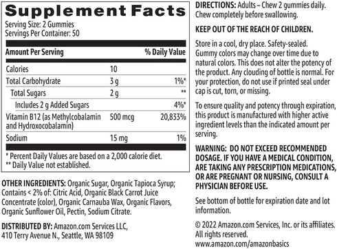 Amazon Basics Vitamin B12 500 mcg Gummies - Normal Energy Production and Metabolism, Immune System Support, Raspberry, 100 Count (2 per Serving) (...