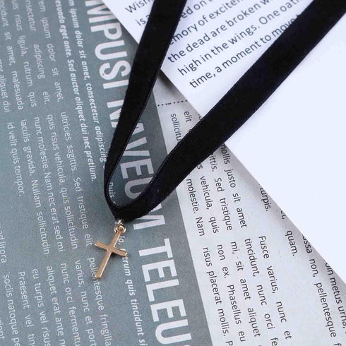Gothic Velvet Choker Necklace Cross Pendant Necklace Short Suede Collar Necklace Black Wide Choker Necklace Jewelry for Women and Girls...