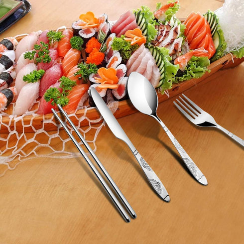 3 Pack Reusable Flatware Sets Knife, Fork, Spoon, Chopsticks, 12Pcs Portable Travel Stainless Steel Tableware Dinnerware with Carrying Case...
