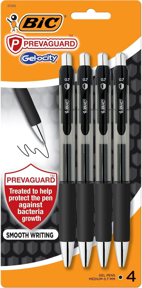 BIC PrevaGuard Gel-ocity Gel Pen With Built-in Protection To Suppress Bacteria Growth On The Pen, Medium Point (0.7mm), Black, 4-Pack...