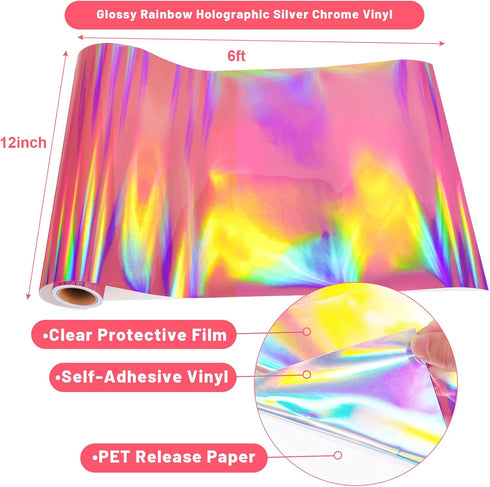 Rose Gold Holographic Vinyl - 12" X 6 ft Glossy Adhesive Permanent Vinyl for Crafts, Expressions, Cameo, Decal, Signs, Stickers - Rainbow...