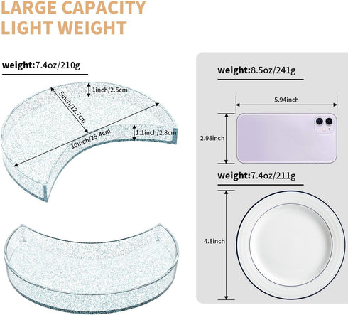 Bathroom Tray Organizer, 10'' Large Acrylic Moon-Shape Vanity Tray Jewelry Tray for Perfume Cosmetic Candle Jewelry, Clear Blue w/Glitter Durable ...