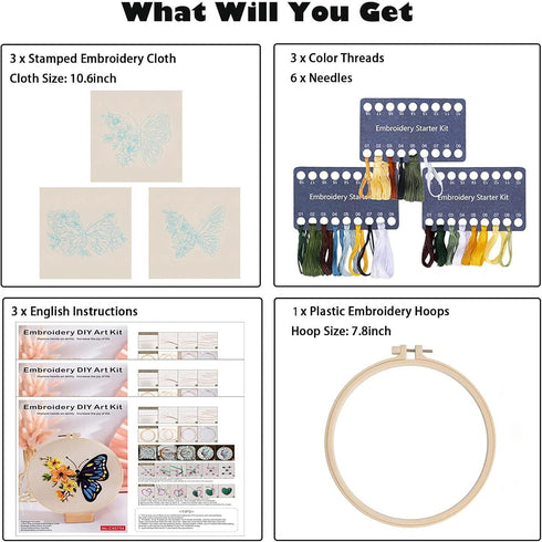 GLTAYLMY 3 Pack Embroidery Kits with Butterfly Pattern for Beginner Adults,Cross Stitch Kits with 1 Plastic Embroidery Hoops,Needles and Color Thr...