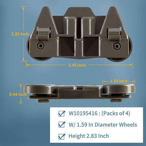 UPGRADED W10195416 (Packs of 4), Dishwasher Wheels Lower Rack for Kitchenaid Whirlpool Maytag Kenmore.Dishwasher Rack Parts .W10195420 AP5983730 W10579095A W10311123B PS11722152 Replacement Wheels