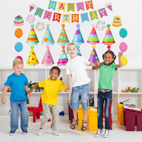 Fulmoon 48 Pcs Happy Birthday Bulletin Board Set Monthly Hat Birthday Cutouts Birthday Hat Bulletin Board Birthday Calendar Balloon Cutouts Classr...