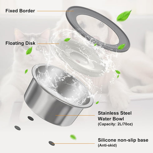 No Spill Water Bowl for Dogs, 2L/70oz Stainless Steel Dog Water Bowl Splash Proof Pet Water Dispenser, Slow Drinking Bowl for Messy Dogs, Cats...