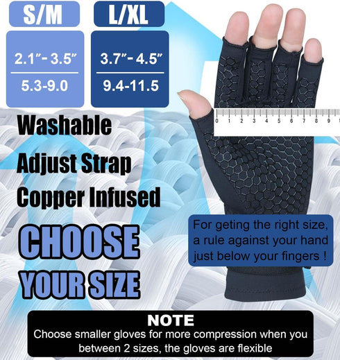 2 Pairs Copper Arthritis Gloves for Women Men, Compression Gloves with Adjust Strap for Arthritis, Wrist Support, Hand Pain, Fingerless Computer T...