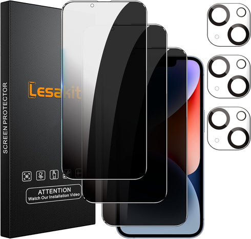3+3 Pack Privacy Screen Protector for iPhone 14 6.1-Inch with 3 Pack Camera Lens Protector, Anti Spy Tempered Glass Film 9H Hardness Bubble Free C...