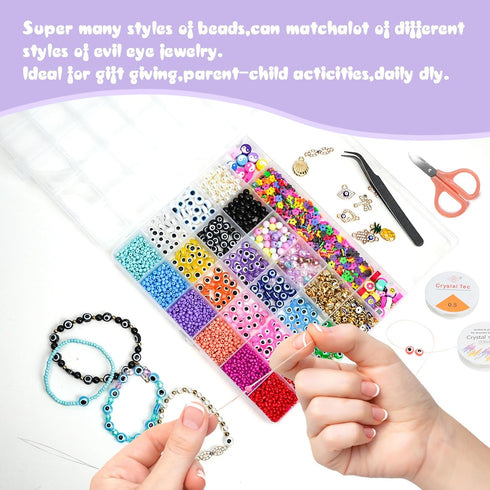 JQEEYGV 3380pcs Evil Eye Beads for Jewelry Making Evil Eye Bracelets Kit with Clay Beads 3mm Seed Beads Pearl Flat Flower Beads & Evil Eye Charms ...
