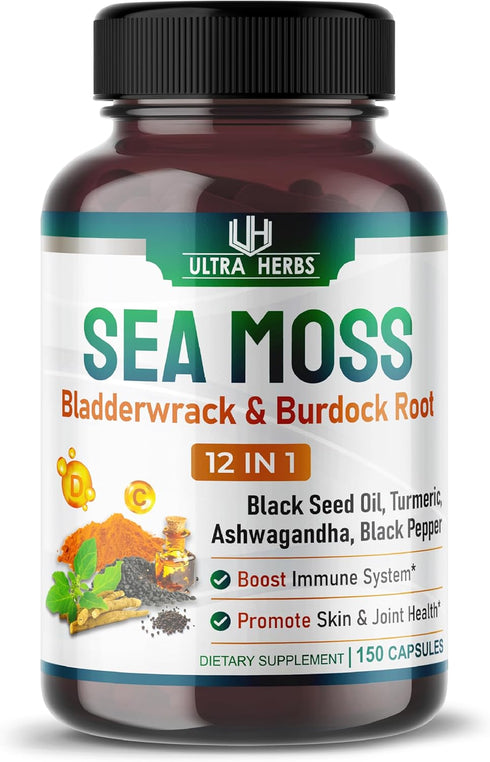 Organic Sea Moss Capsules 12,900mg with Black Seed Oil, Ashwagandha, Burdock Root, Bladderwrack for Immune System, Gut, Skin & Energy *USA made & ...