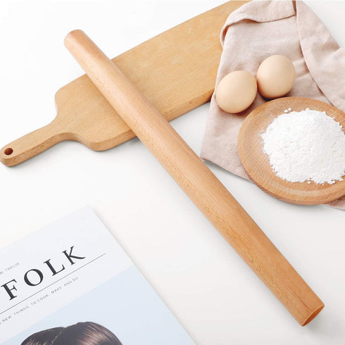 Wood French Rolling Pin for Baking, QUELLANCE Wooden Dough Roller with Silicone Baking Mat, Beech Wood Rolling Pins for Baking Dough, Pizza, Pie, ...