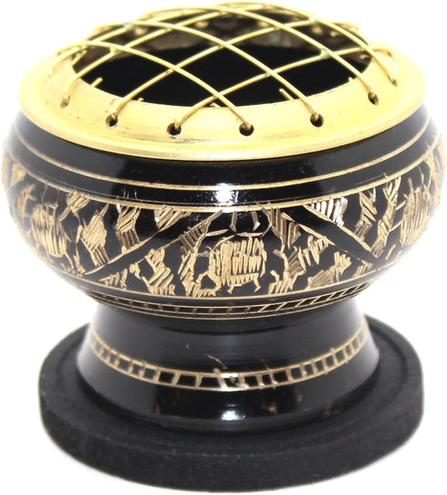 Govinda - Small Decorated Brass Charcoal Screen Incense Burner with Wooden Coaster...
