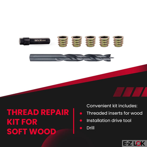 E-Z Hex Thread Repair Kit for Soft Wood Flanged Threaded Inserts 3/8-16 x 13mm, Drill, Installation Tool...