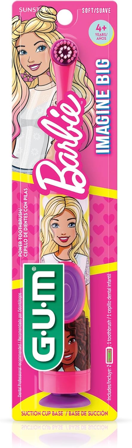 GUM Barbie Kids Battery Power Electric Toothbrush with Suction Cup Base for Home or Travel Oral Health and Dental Plaque Removal, Ages 3+, 1ct(4Pk...