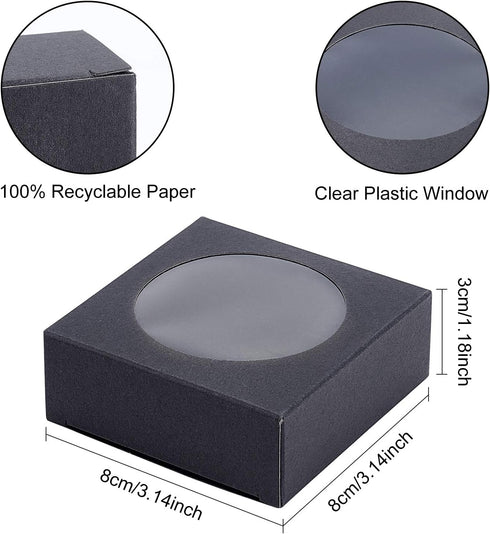 BENECREAT 24 Pack Kraft Paper Boxes with Clear Window 3x3x1.2 Black Kraft Gift Packaging Boxes for Bakery Cookies Cake Candy Wedding Party, Festiv...