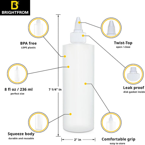 BRIGHTFROM Condiment Squeeze Bottles, 8 OZ Empty Squirt Bottle with Twist Top Cap, Leak Proof - Great for Ketchup, Mustard, Syrup, Sauces, Dressin...