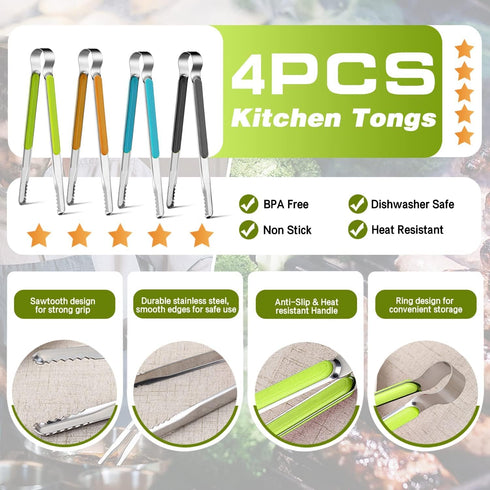 4Pcs Stainless Steel Kitchen Tongs, Serving Tongs for Cooking, 10" Metal Food Tongs with Non-Slip Comfort Grip, Non-Stick Cooking Tongs High Heat ...