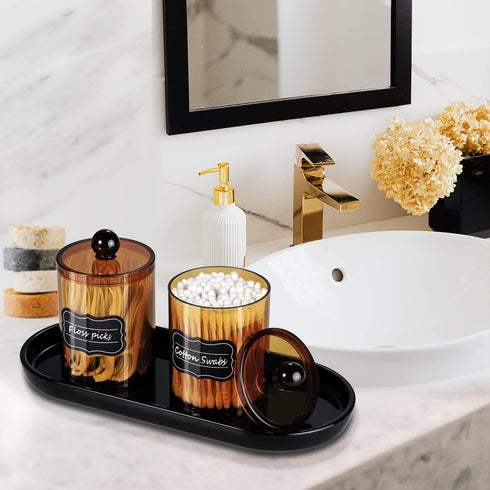 SheeChung 4 Pack Plastic Acrylic Bathroom Vanity Countertop Canister Jars with Storage Lid, Apothecary Jars Qtip Holder Makeup Organizer for Cotto...