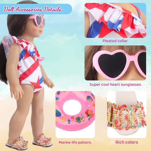 18 Inch Doll Summer Outfits Set, Vibrant Doll Swimming Playset for American doll Girls, includes Doll Bikini Swimsuits, Heart-shaped Sunglasses, G...