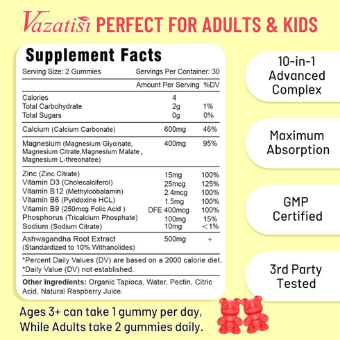 Calcium Magnesium Zinc Gummies with Vitamin D3 & B12, Sugar Free Calcium Supplements for Women Men Support Bone, Muscle Teeth, Mood & Immunity, Ve...