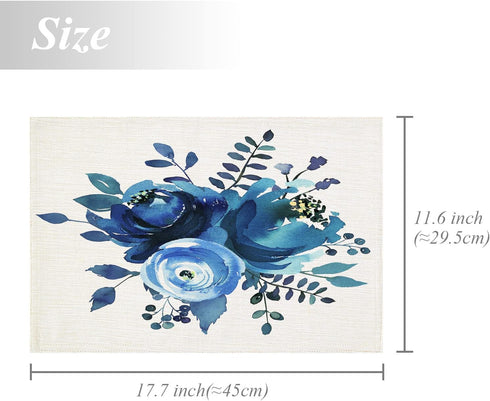 Shrahala Indigo Blue Hand Floral Bouquet Placemats, Watercolor White Flowers Table Mat Linen Burlap Washable Double-Deck Heat Insulation for Dinin...
